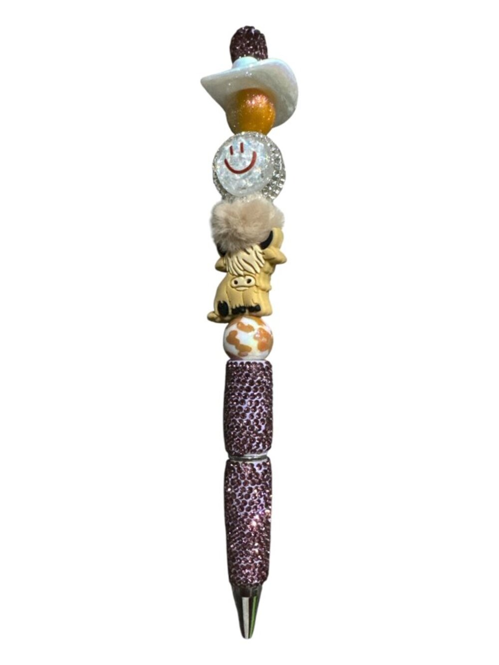 Cowboy-Themed Beaded Ballpoint Pen With Rhinestone Handle & Cute Highland Cow Ch